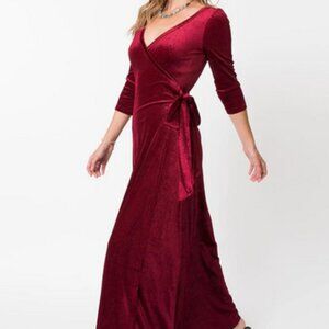 Voodoo Vixen Elizabeth Long Length Wrap Dress in Ruby Red Embossed Velvet, Sz L